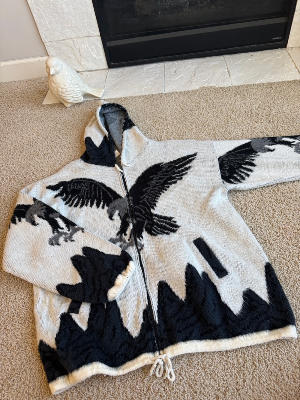 Vintage Tejidos Ruminahui Eagle Ecuador Wool Full-Zip Hooded Sweater Mens Sz XL